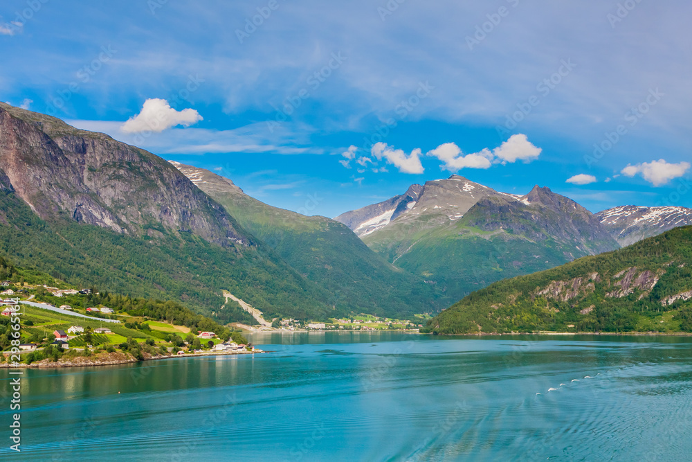 Norwegian landscape with Nordfjord fjord and mountains,  in Olden, Norway