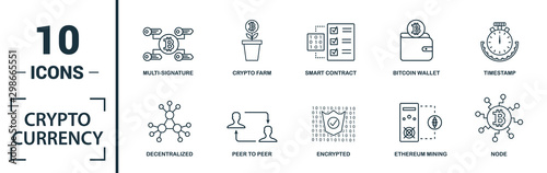 Crypto Currency icon set. Include creative elements decentralized, encrypted, ethereum wallet, node, halving icons. Can be used for report, presentation, diagram, web design