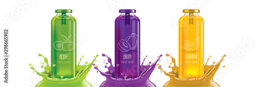 Fruit juice splash bottle set, apple, plum, banana sticker design.