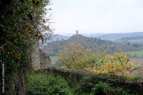 Blick von Burg Gleiberg über alte Mauern und Landschaft auf die Burgruine in Vetzberg und das Gleiberger Land im Herbst in Wettenberg Krofdorf-Gleiberg bei Gießen in Hessen photo