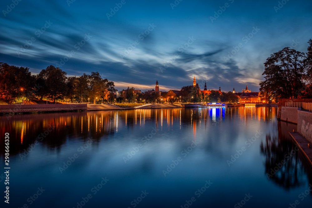 panorama of odra river in wroclaw poland by night