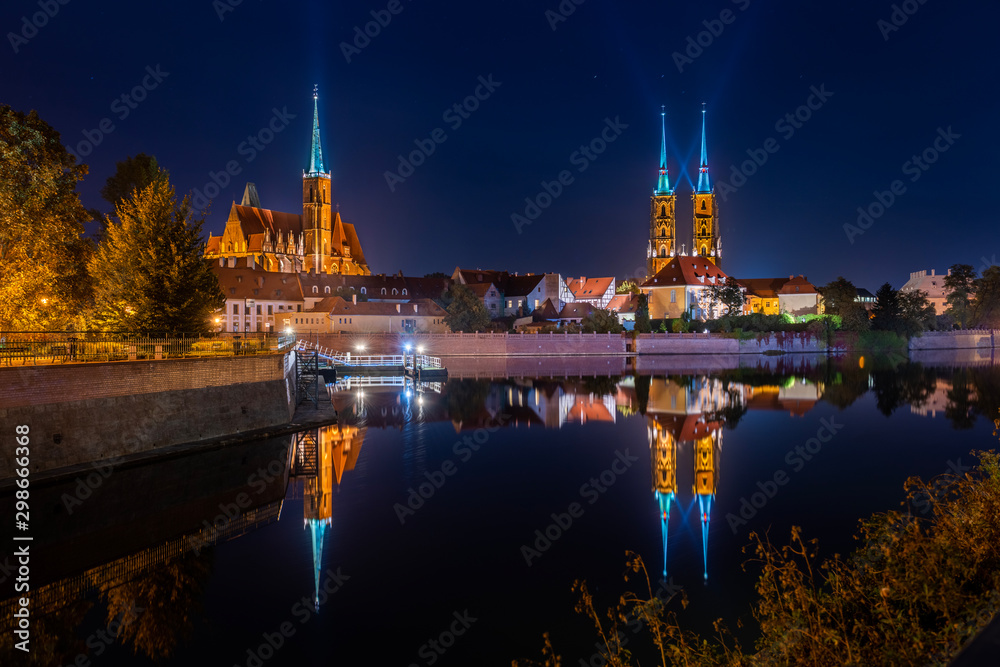 wroclaw cathedral by night - obrazy, fototapety, plakaty 