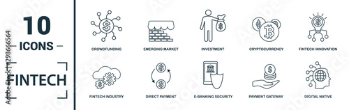 Fintech icon set. Include creative elements online banking, direct payment, fintech, cryptocurrency, fintech industry icons. Can be used for report, presentation, diagram, web design