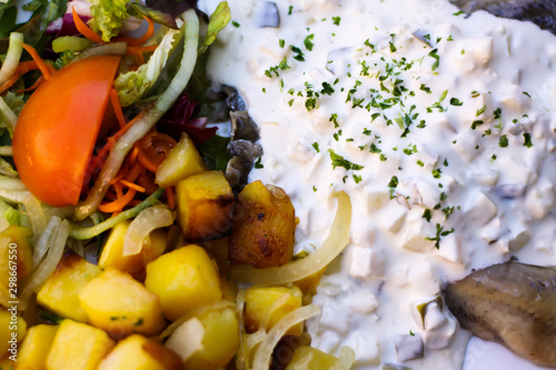 Close up of dish with young salted herring (Matjes), white cream sauce with parsley and onions, baked potatoes and fresh salad - Germany
