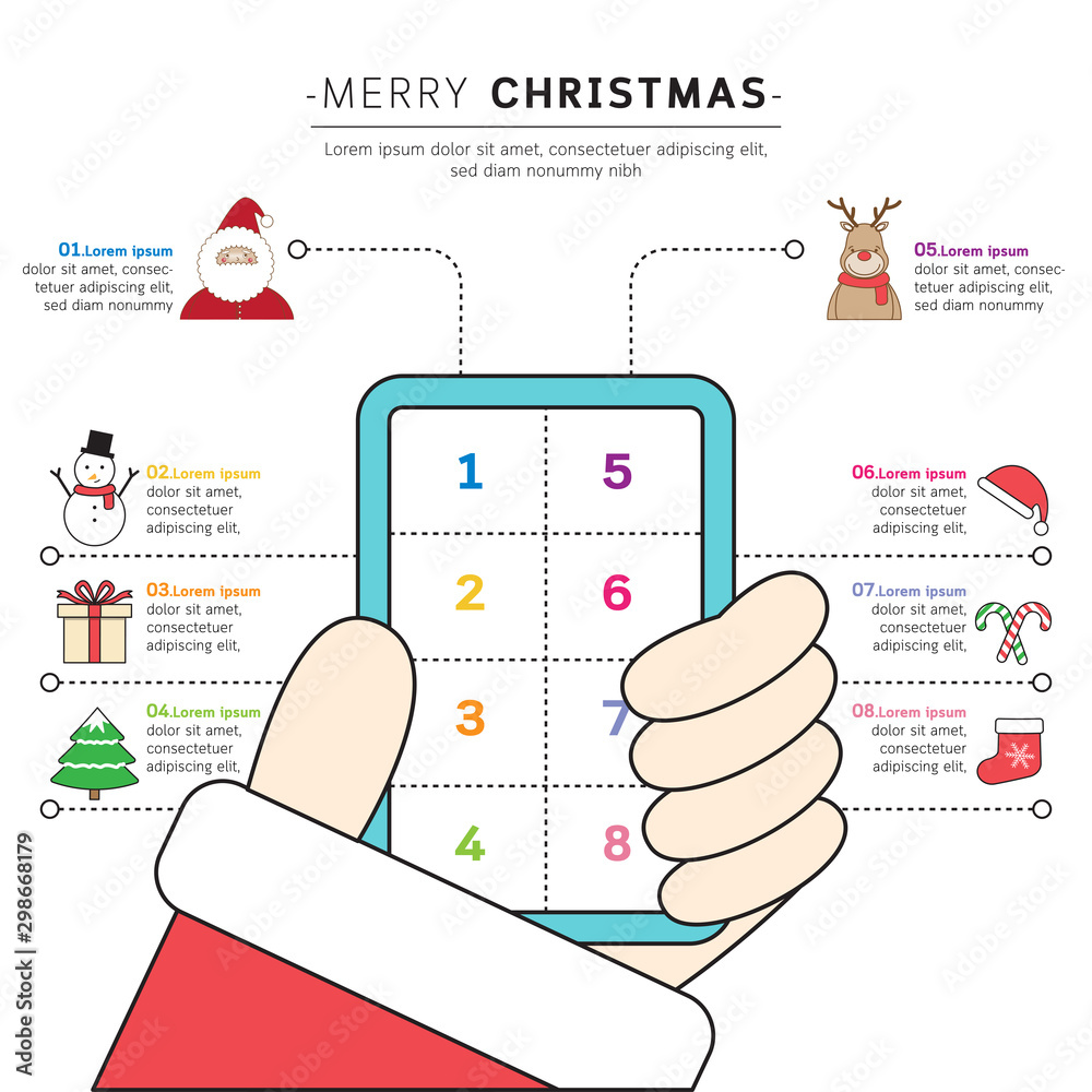 Christmas infographic template with hand of santa holding smartphone.