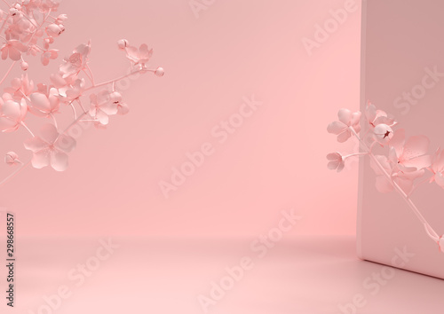 Scene with nature for showcase or cosmetic product presentation, in pink pastel colors, 3d rendering.