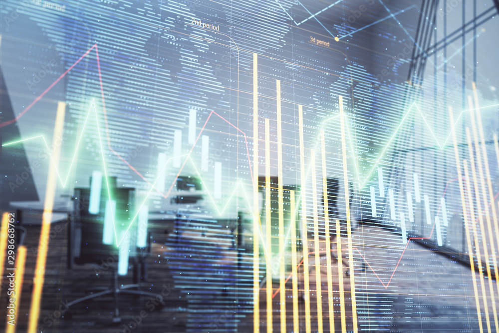 Double exposure of stock market graph with globe hologram on conference room background. Concept of international finance Double exposure of stock market graph with globe hologram on conference room background. Concept of international finance