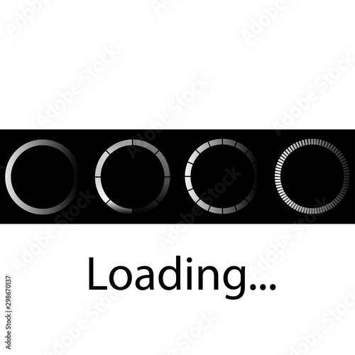 loading icon set on black background, vector illustration. Circle website buffer loader or preloader. Progress bar loading icon