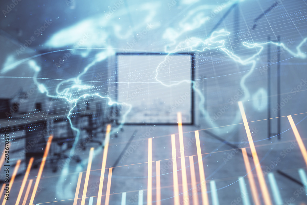 Stock and bond market graph and world map with trading desk bank office interior on background. Multi exposure. Concept of international finance Stock and bond market graph and world map with trading desk bank office interior on background. Multi exposure. Concept of international finance