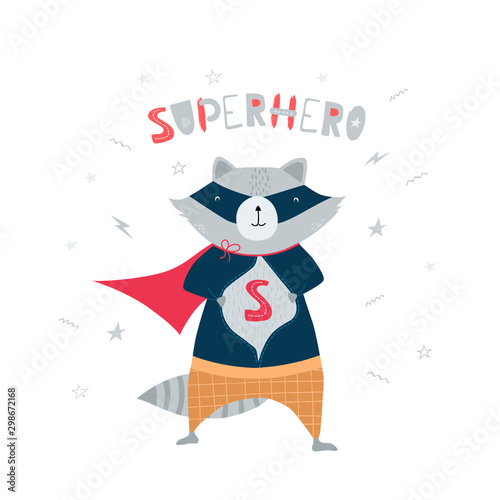 Cute, funny raccoon in superhero costume, mask, stars, lightning and handwritten lettering superhero in flat style. Illustration for children, postcards, banner. Vector