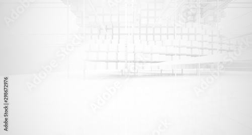 Abstract white architectural interior from an array of white cubes with large windows. 3D illustration and rendering.