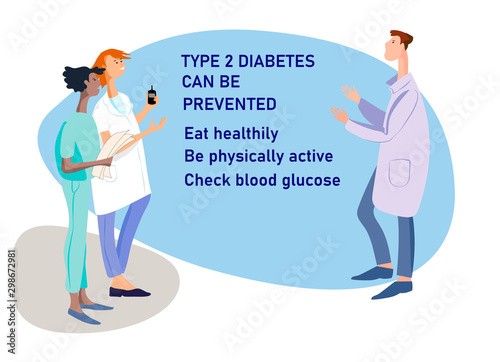 Diabetes awareness illustration. Diabetes prevention and control concept. Hand drawn doctors with diabetes prevention tips