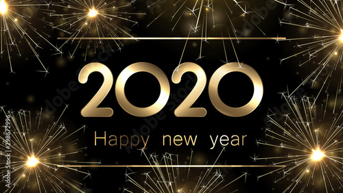 Happy New Year 2020 banner with golden sparkling firework.