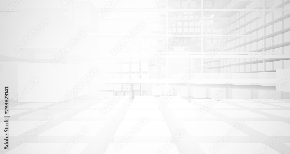 Abstract white architectural interior from an array of white cubes with large windows. 3D illustration and rendering. Abstract white architectural interior from an array of white cubes with large windows. 3D illustration and rendering.
