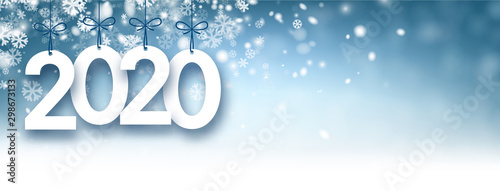 Blue abstract 2020 New Year banner with snow.