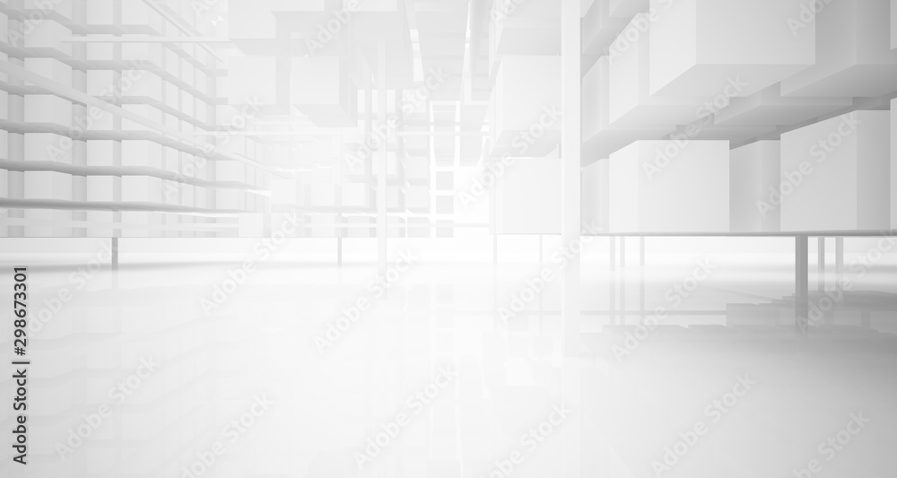 Fototapeta premium Abstract white architectural interior from an array of white cubes with large windows. 3D illustration and rendering.