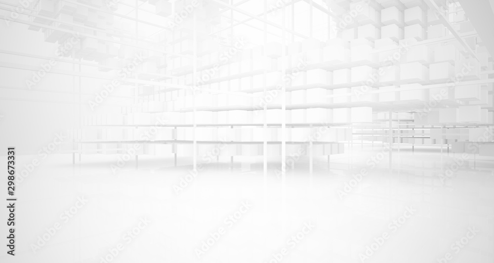 Abstract white architectural interior from an array of white cubes with large windows. 3D illustration and rendering.