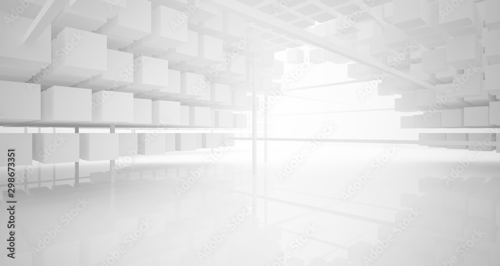 Fototapeta premium Abstract white architectural interior from an array of white cubes with large windows. 3D illustration and rendering.