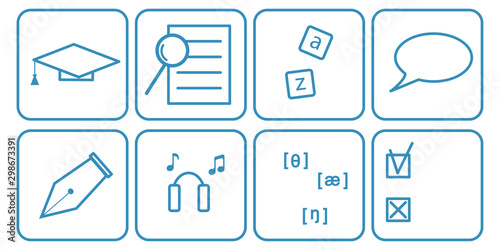 Vector set of language icons. Speaking, writing, vocabulary, reading, grammar, listening, pronunciation, testing icons for foreign language learning app.