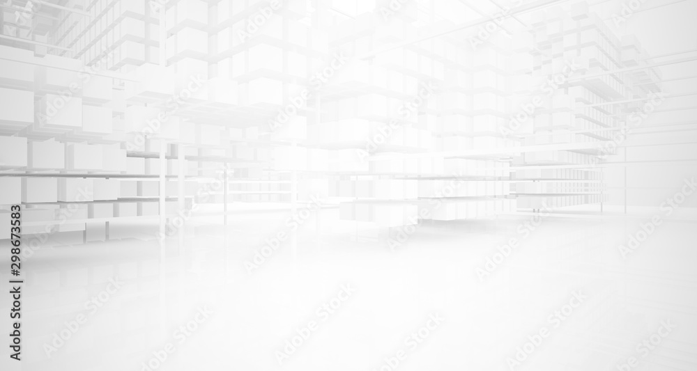 Abstract white architectural interior from an array of white cubes with large windows. 3D illustration and rendering. Abstract white architectural interior from an array of white cubes with large windows. 3D illustration and rendering.