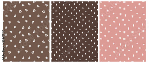 Fototapeta Naklejka Na Ścianę i Meble -  Cute Scandinavian Style Winter Vector Pattern with White Trees and Snowflakes Isolated on a Brown and Pale Pink Background. Simple Winter Forest Vector Print and Snowy Sky Design.