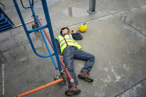 Basic first aid training for support accident in site work, Builder accident fall scaffolding to the floor, Safety team help employee accident.