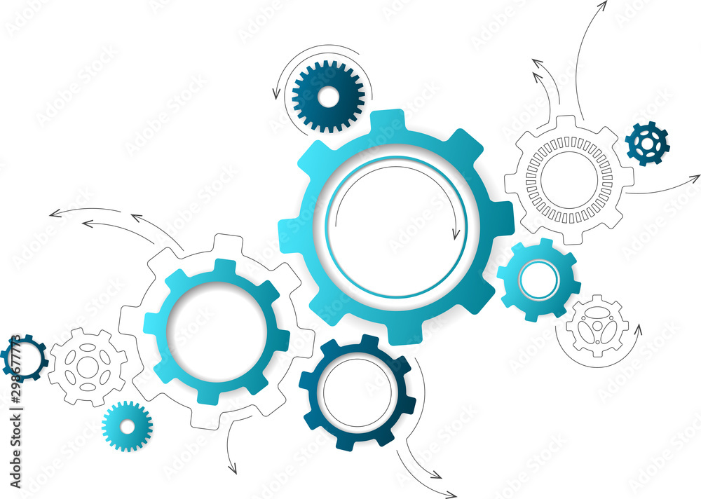 Connected cogwheels / gears icons - development, planning, technology concept, vector illustration