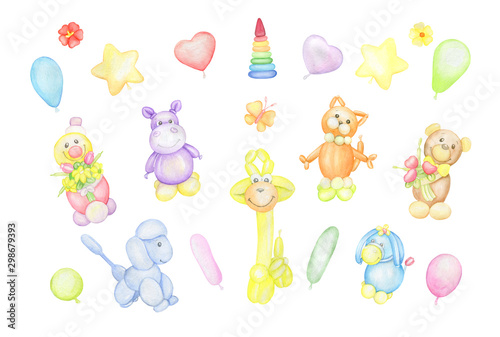 Fototapeta Naklejka Na Ścianę i Meble -  Set of inflatable dog, bear, giraffe clown, cat, hippopotamus, donkey, butterfly and other balloons in watercolor
