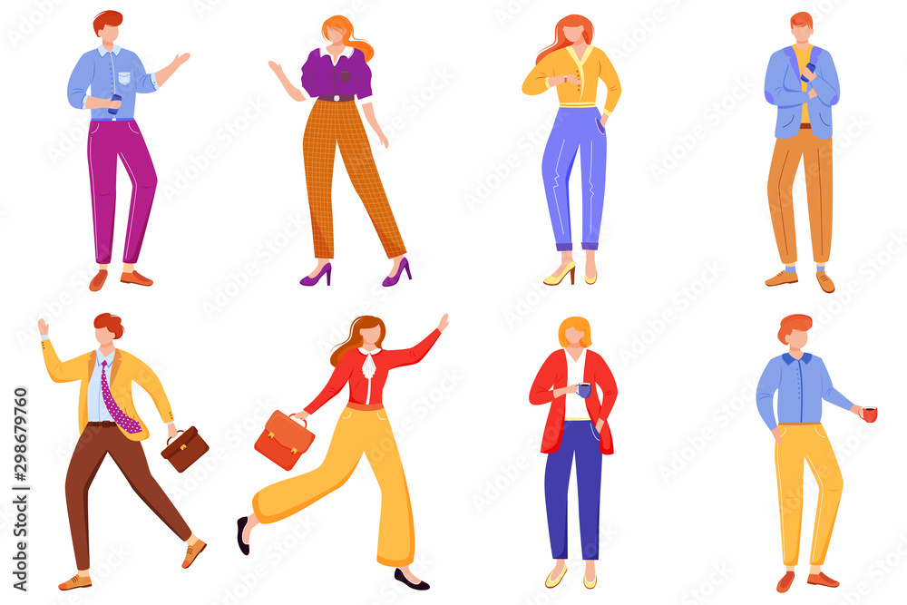 Office workers flat vector illustrations set. People in formal clothes with briefcases and coffee cups. Employees isolated male and female faceless cartoon characters on white background