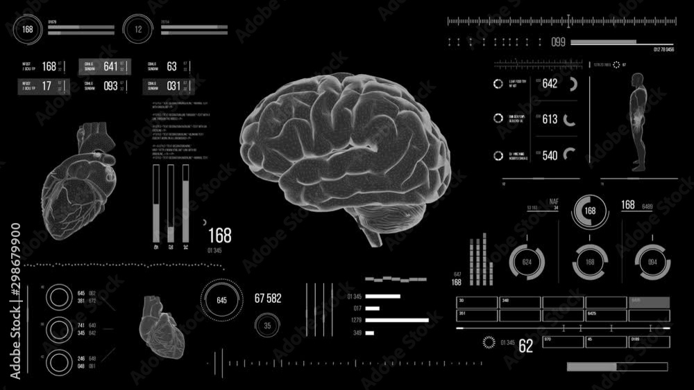 Human brain scan. Futuristic medical user interface with HUD and infographic elements. Virtual technology background. Head-up display template for business, games, motion design, web and app. Human brain scan. Futuristic medical user interface with HUD and infographic elements. Virtual technology background. Head-up display template for business, games, motion design, web and app.
