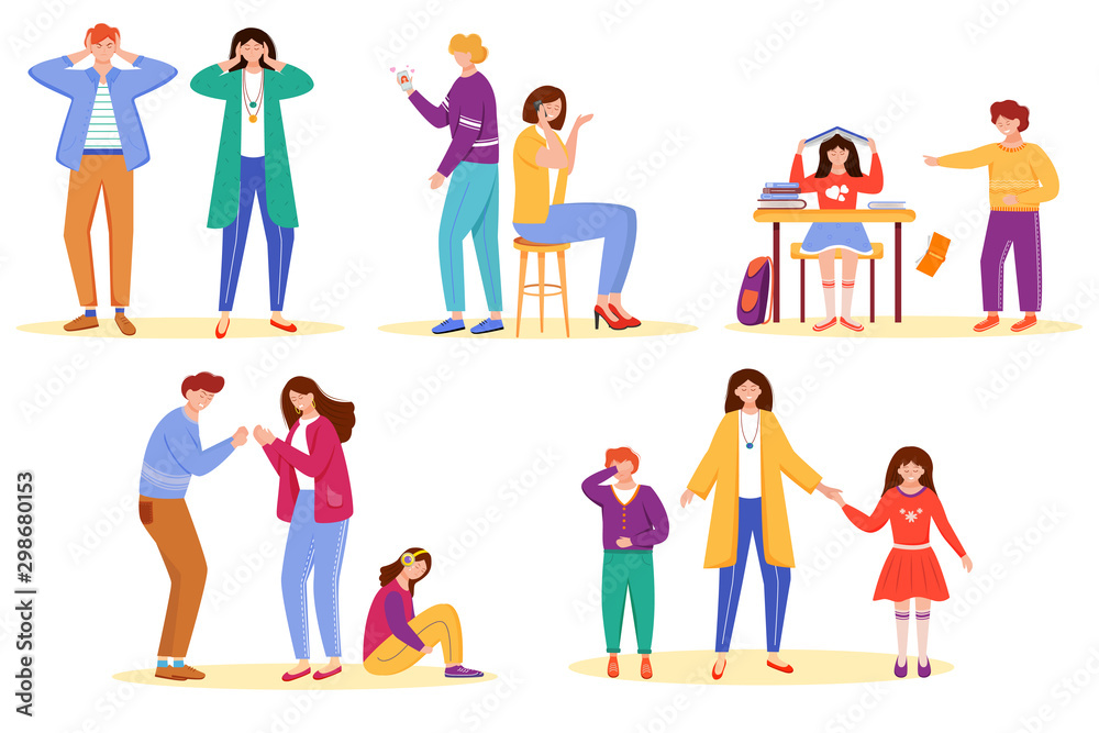 Trouble relationship flat vector illustrations set. School bullying. Marriage problems. Cheating partner. Misunderstanding and quarrels. Unhappy people. Family problems isolated cartoon characters
