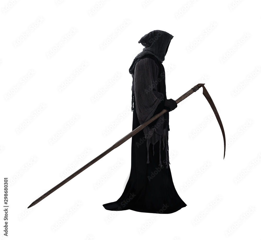 Fototapeta premium Silhouette of a grim reaper isolated on white background