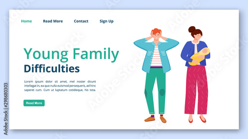 Young family difficulties landing page vector template. Trouble relationship website interface idea with flat illustrations. Married couple with baby homepage layout, webpage cartoon concept