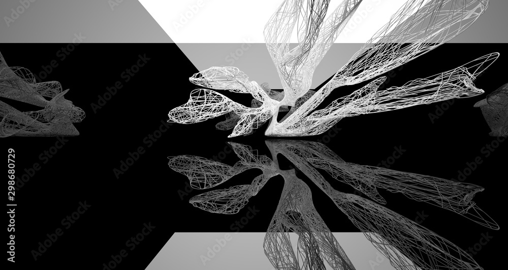 Naklejka premium Abstract smooth architectural white and wire black gloss interior with large windows. 3D illustration and rendering.