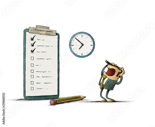 stressed businessman looks at his to do list unfinished. isolated