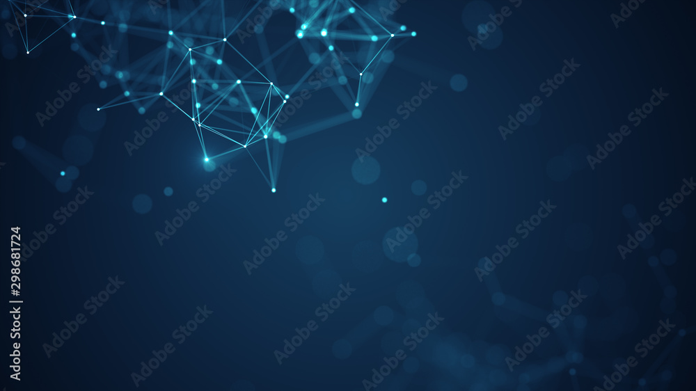 Abstract connected dots and lines on blue background. Communication and technology network concept with moving lines and dots. - obrazy, fototapety, plakaty 