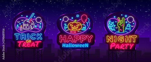 Halloween Neon signs set Vector. Design template, modern trend design, night signboard, night bright advertising, light banner, light art. Vector Billboards