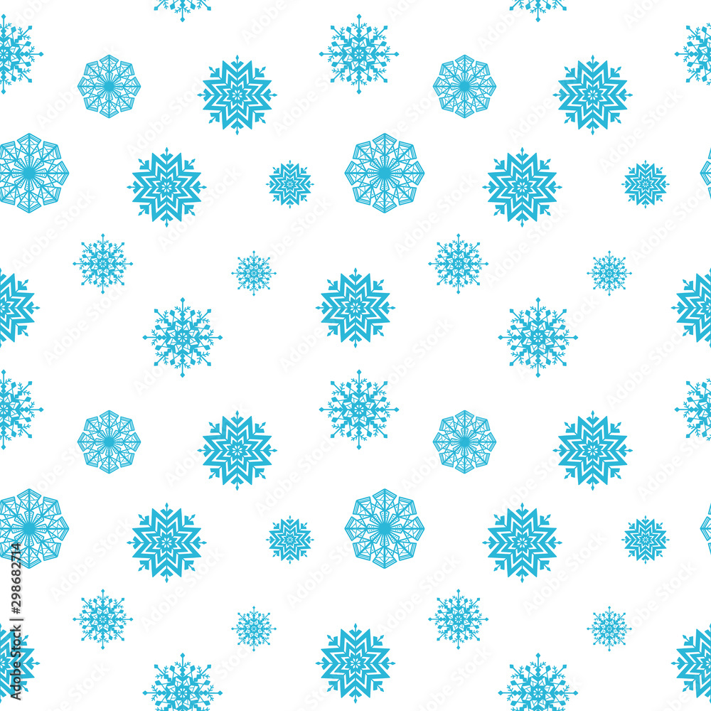 Winter seamless pattern with light blue snowflakes on white background. Holiday decorative wallpaper design. Winter seamless pattern with light blue snowflakes on white background. Holiday decorative wallpaper design.