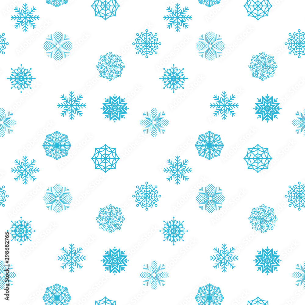 Winter seamless pattern with light blue snowflakes on white background. Holiday decorative wallpaper design. Winter seamless pattern with light blue snowflakes on white background. Holiday decorative wallpaper design.