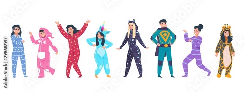 Pajamas characters. Happy cartoon persons in superhero and animal pajamas on evening with hood on pillow party. Vector funny costumes set with unicorn giraffe on white background photo