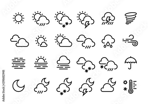 Weather line icons. Sun clouds rain snow wind fog infographic and design interface outline elements. Vector day and night weather collection meteorology elements cold and hot thermometer sign
