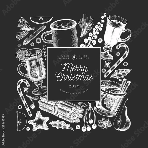 Winter drinks vector design template. Hand drawn engraved style mulled wine, hot chocolate, spices illustrations on chalk board. Vintage christmas background.