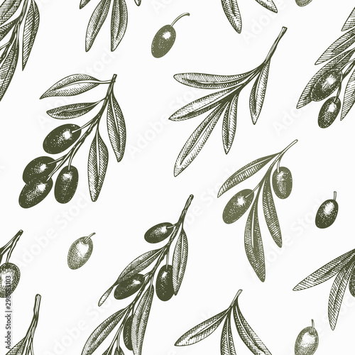Olive branch seamless pattern. Hand drawn vector food illustration. Engraved style mediterranean plant background. Retro botanical illustration.
