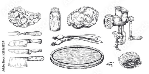 Meat steak. Hand drawn pork veal and bacon beef and lamb cookery, butchery food products sketch. Vector illustration doodle restaurant menu with meat grinder, knife, onion