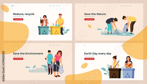 Sorting and recycling landing page. Web site template with trash separation concepts, environmental pollution reduce. Vector set different illustration with garbage containers