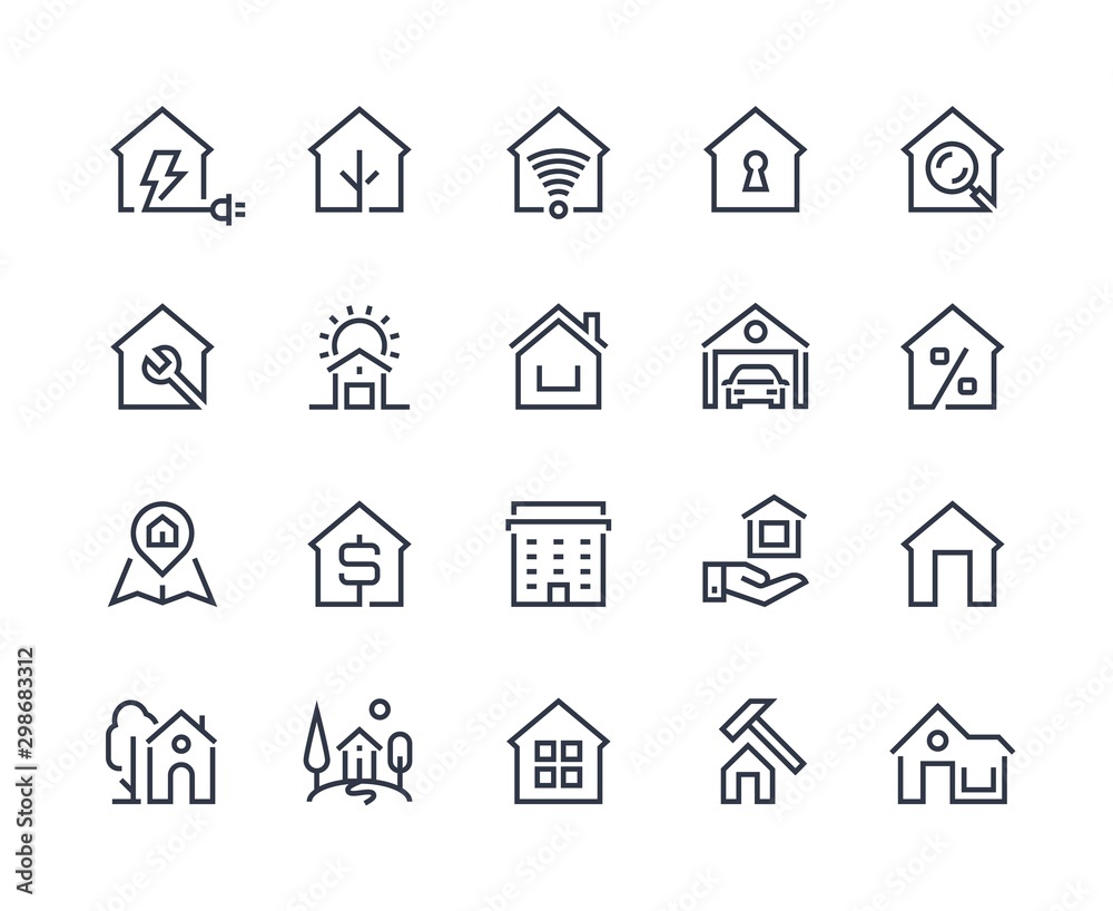 Home line icons. Browser interface button, home page pictogram, houses and city building constructions. Vector real estate set with many design flat architecture pictograms