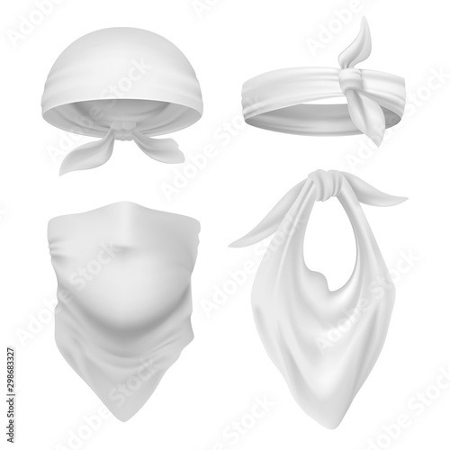 Realistic white bandana. Blank scarf and buff mockup, isolated handkerchief and face bandage template. Vector kerchief isolated cloth accessories for cowboy, pirate or biker