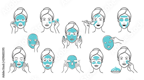 Facial mask set. Skin care and health infographic elements, girl face with facial mask applying steps. Vector hand drawn isolate images icons masks girl face apply for clean skin photo