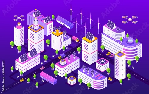 Isometric smart city. Modern futuristic neon town structure, gradient transport and buildings. Vector illustrations colourful night future urban object concept and innovation technology