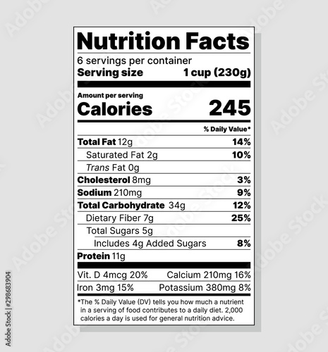Label Nutrition facts. Food information with daily value. Vector. Package template. Data table ingredients calorie, fat, sugar, cholesterol. Vertical Display with Micronutrients Listed Side-by-Side